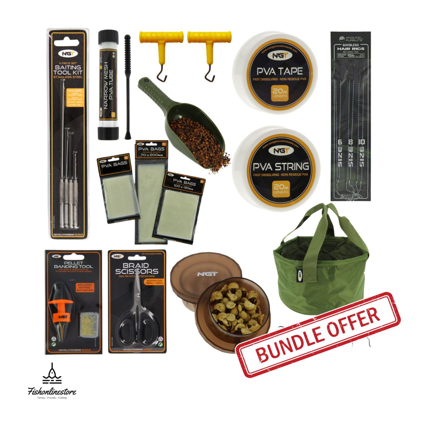 Complete 17-piece Bait Tool Bundle with PVA tape, string, bags, collapsible bait bowl, pellet bander, bait grinder, braid scissors, hooklengths, and knot pullers for carp fishing.