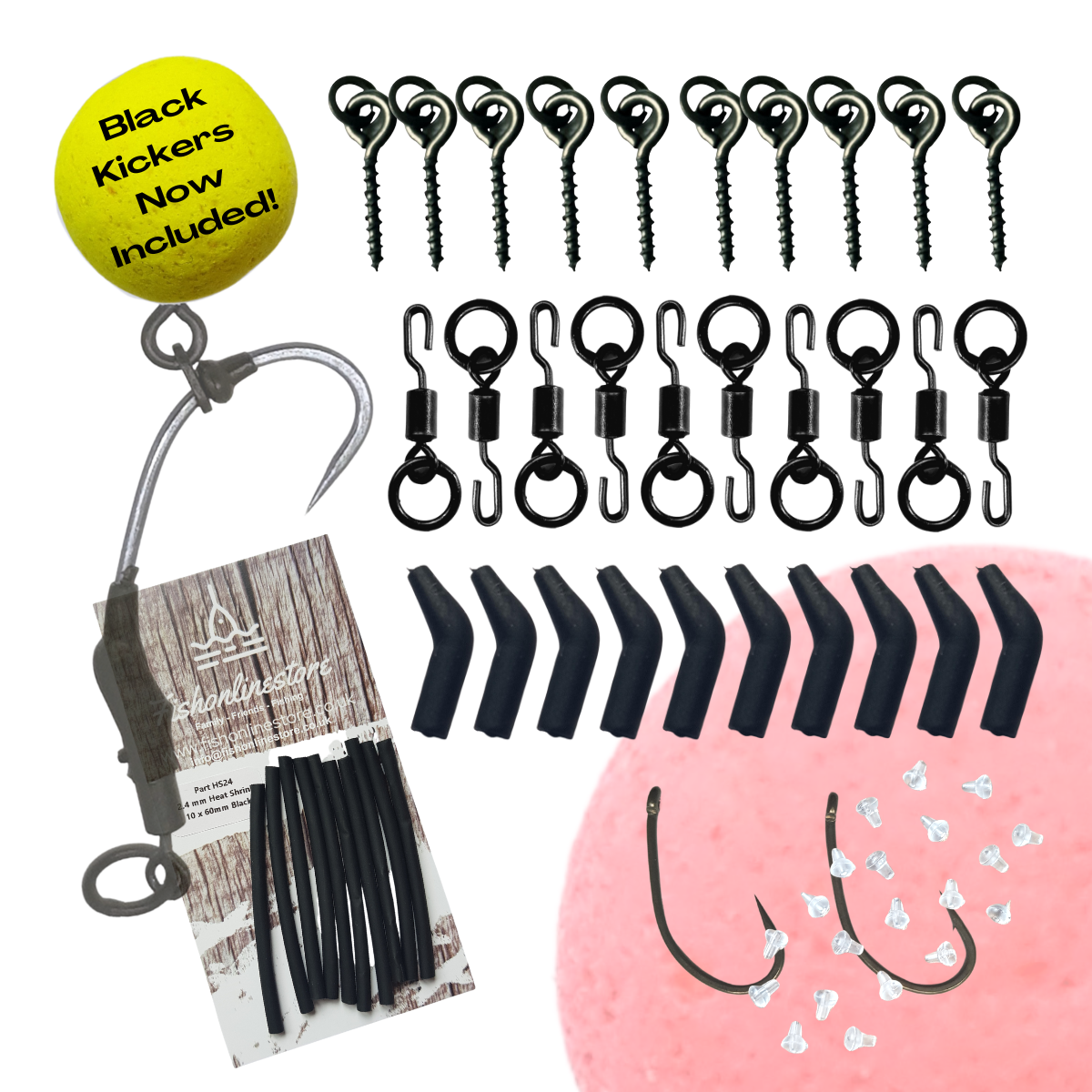 60 piece Ronnie Rig carp fishing terminal tackle set with hooks, swivels, bait screws, black rubber kickers, hook stops, and heat shrink tubing