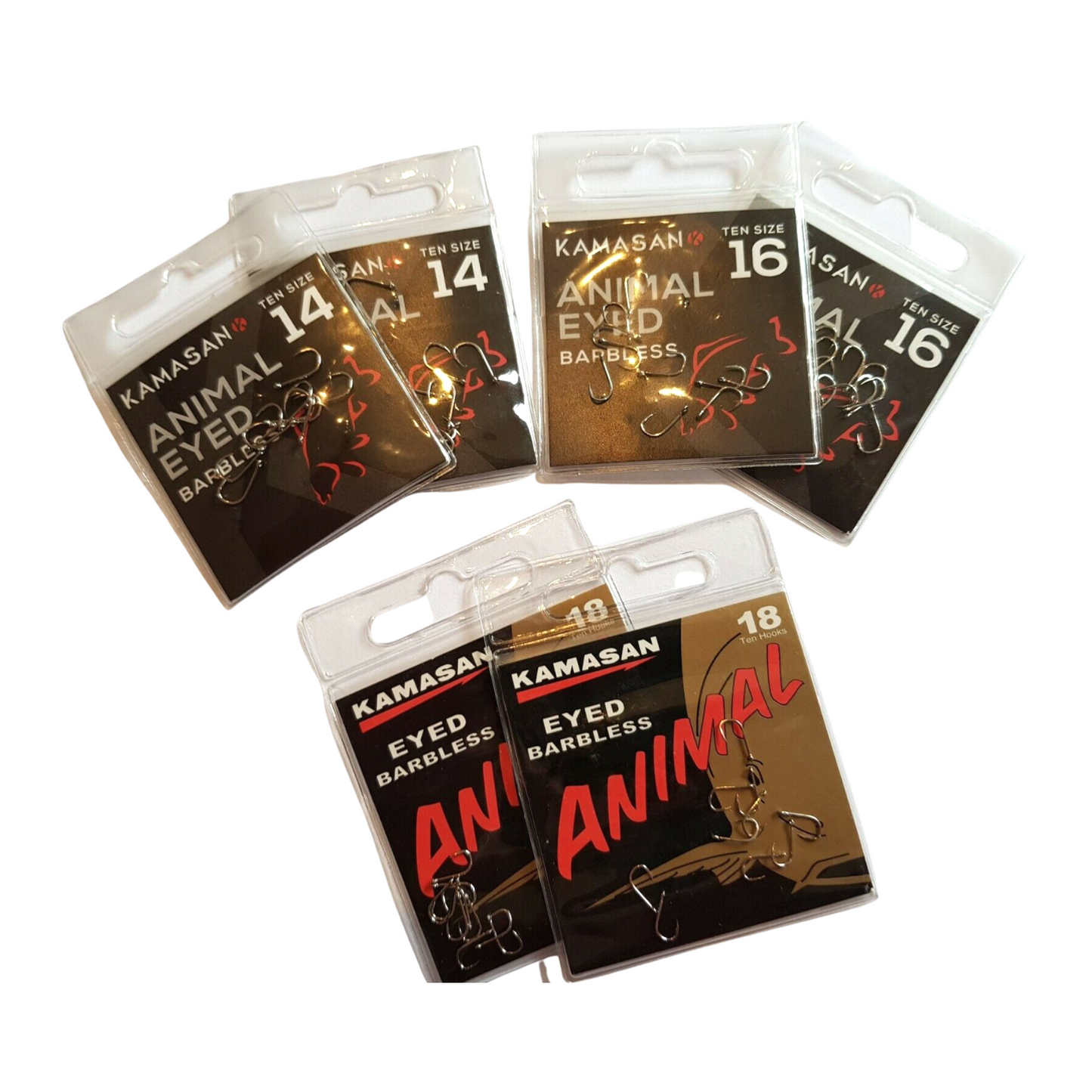 Assorted Kamasan Animal Eyed Hooks in barbed and barbless, sizes 14, 16, and 18, ideal for feeder fishing with various baits.