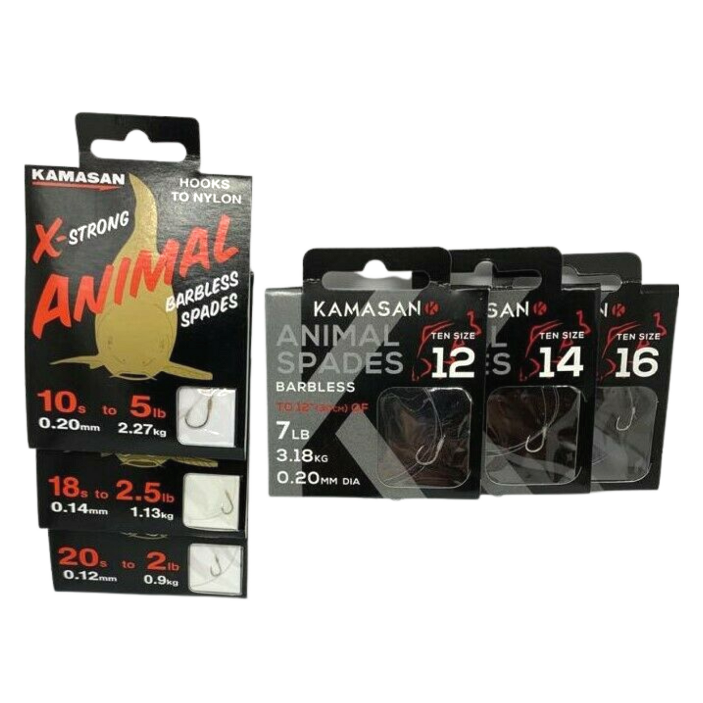 Kamasan Animal X-Strong barbless fishing hooks pre-tied to nylon, 10 hooks per pack with high carbon spade end design, curved beak point, and chemically sharpened needle point.