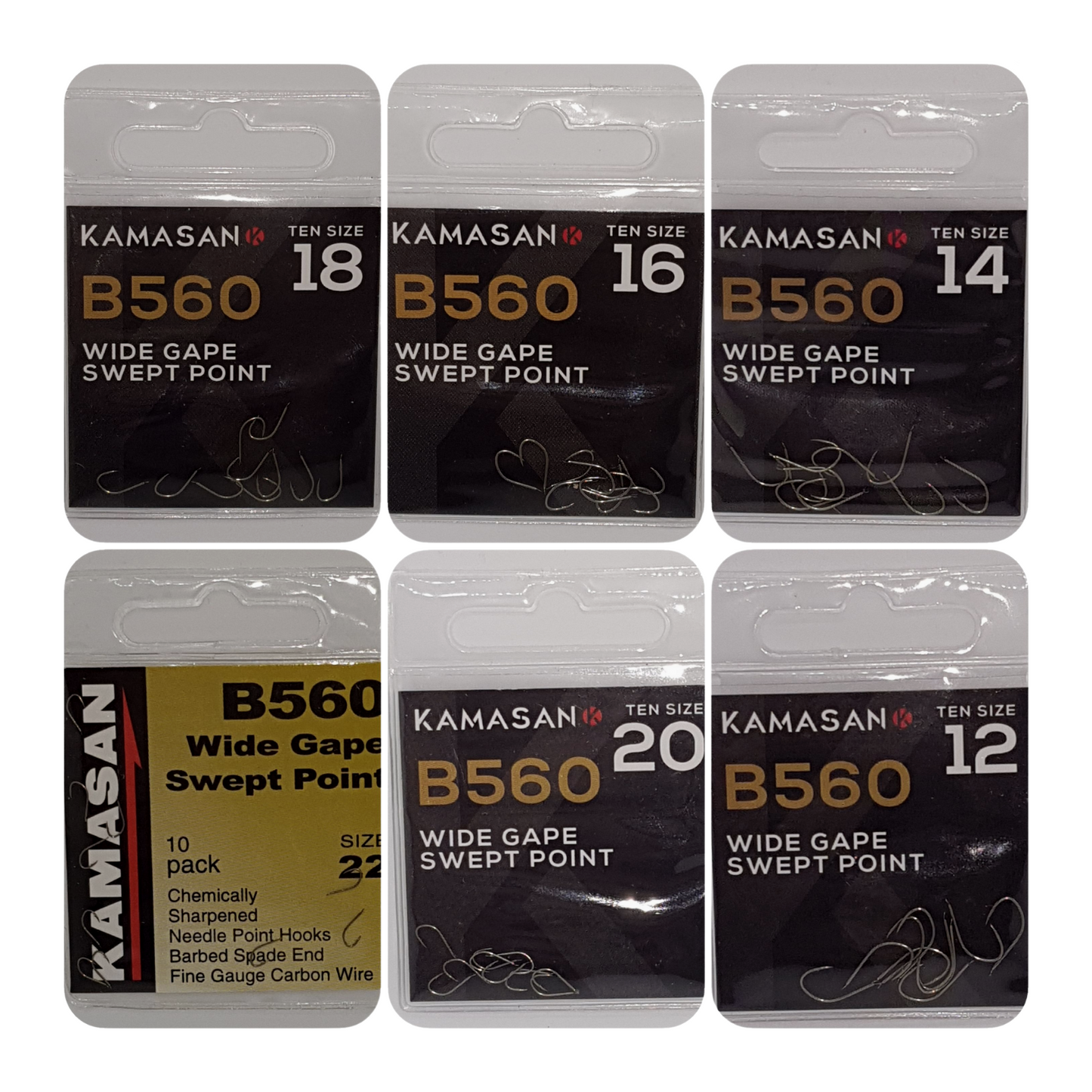 Kamasan B560 micro barbed fishing hooks in six wide gape sizes with swept points and fine gauge carbon wire packs.