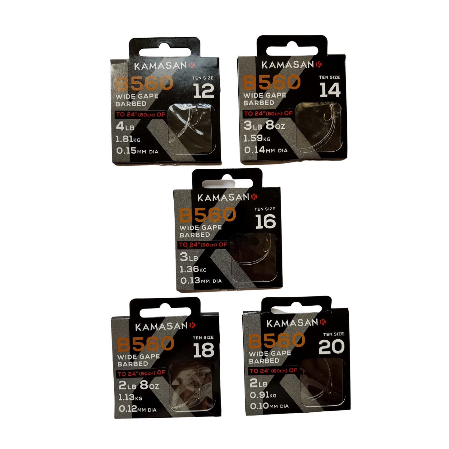 Kamasan B560 wide gape barbed fishing hooks with 24-inch nylon tails in various sizes, packaged with fine gauge carbon wire and chemically sharpened points.