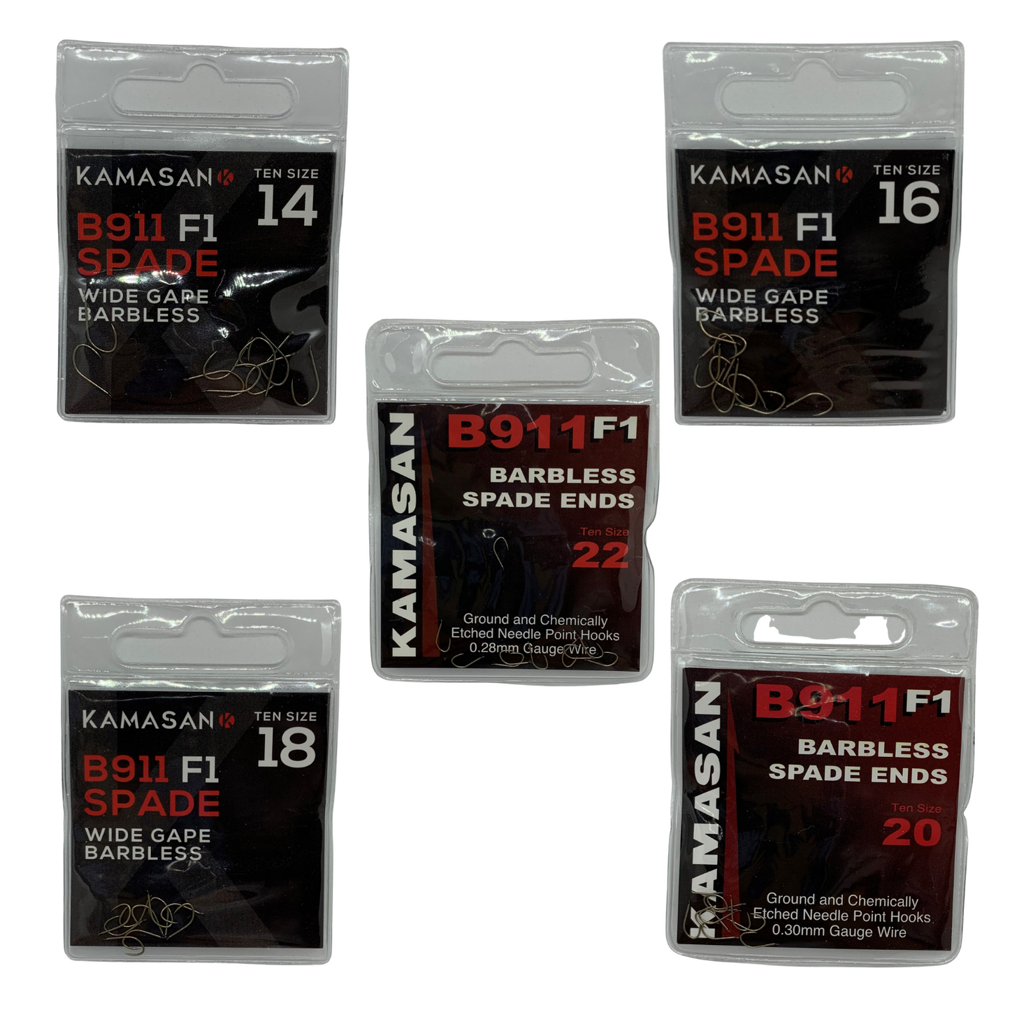Kamasan B911 F1 barbless spade end fishing hooks in various sizes for silverfish and F1s, wide gape, fine high carbon wire, chemically sharpened needle point, pack of 10 hooks.