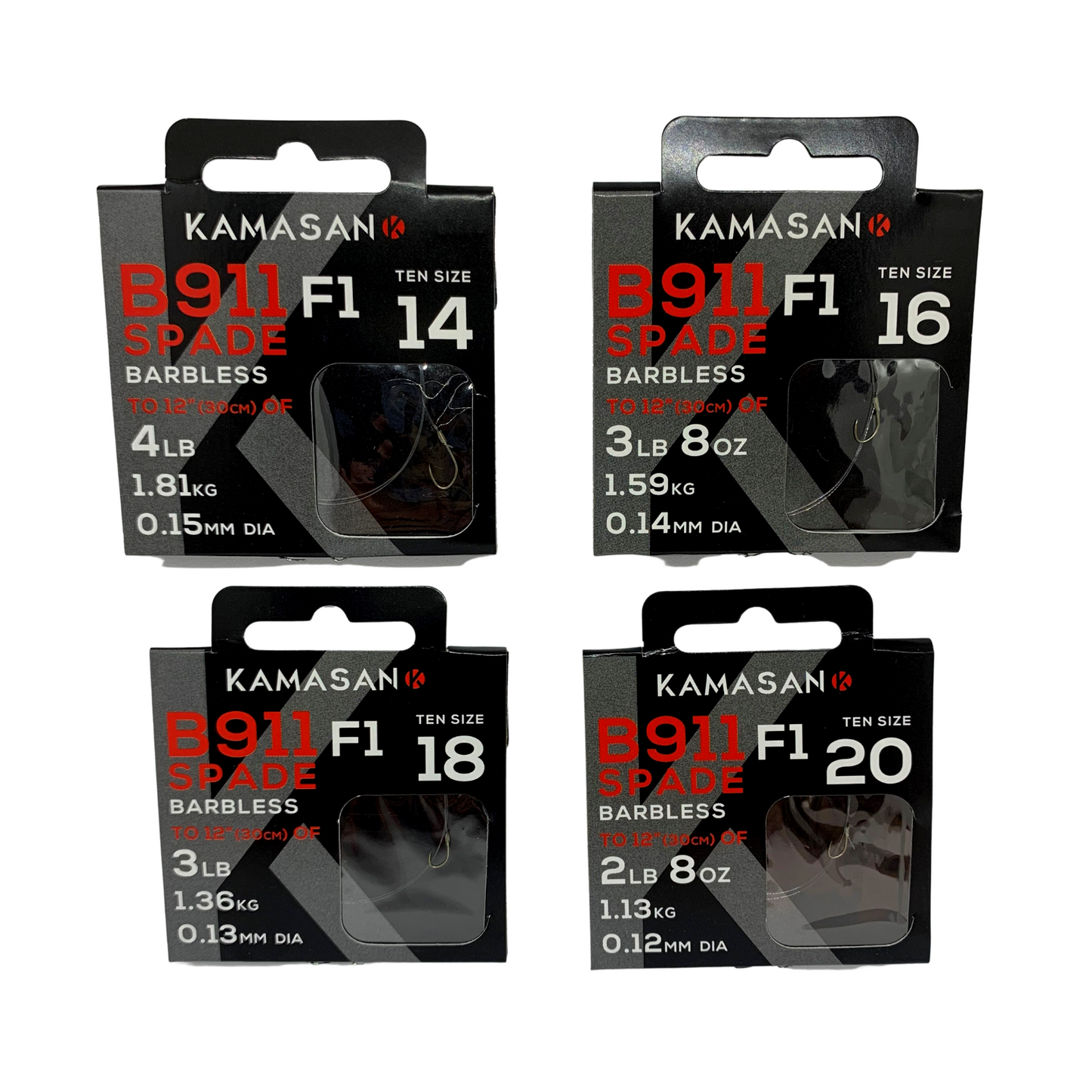 Set of Kamasan B911F1 barbless spade hooks in sizes 14, 16, 18, and 20 with fine high carbon wire and nylon traces.