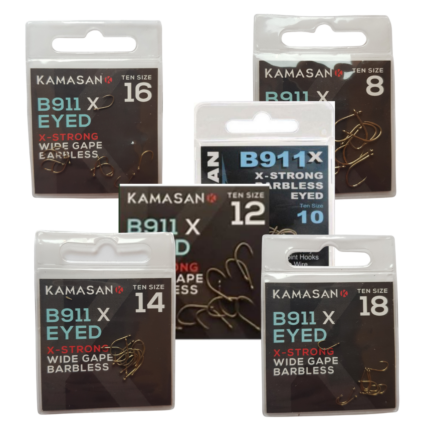 Kamasan B911 X Barbless extra strong high carbon fishing hooks in assorted sizes with wide gape and chemically etched points.