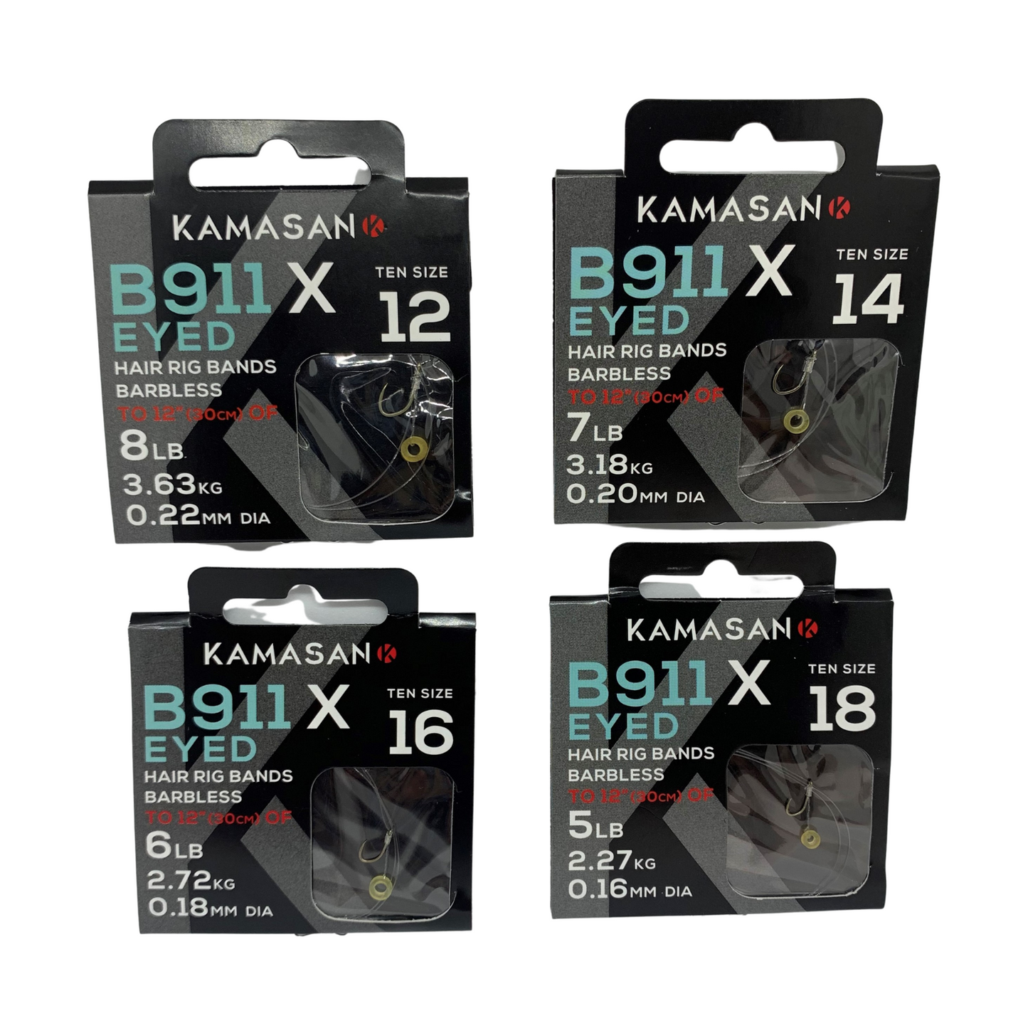 Kamasan B911X Eyed Hooks barbless fishing hooks with hair rig bands in multiple sizes for carp fishing.