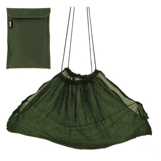 NGT Deluxe Quality green mesh weigh sling with drawstring and matching storage pouch, 110cm by 50cm size