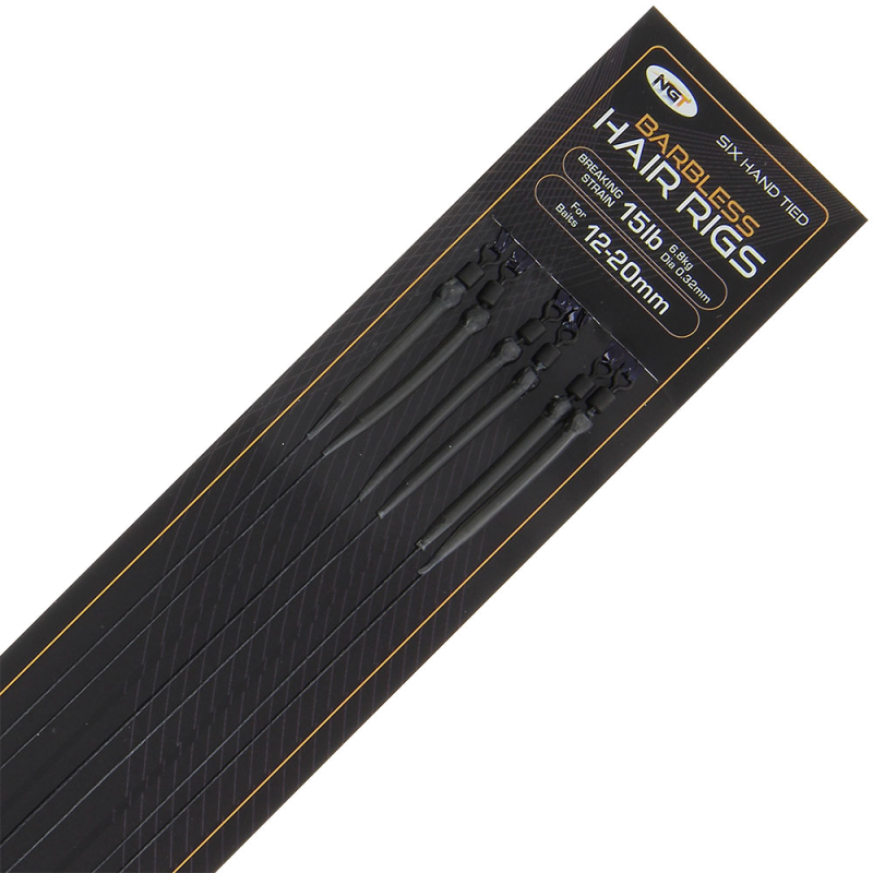 NGT Hair Rigged Carp Hooklengths sixpack with mixed sizes 6, 8, 10 barbless hooks in slimline packaging for 12-20mm baits.
