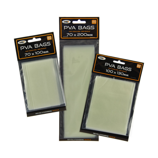 NGT PVA bags pack of 20 in size 70x200mm with two other size options visible in packaging