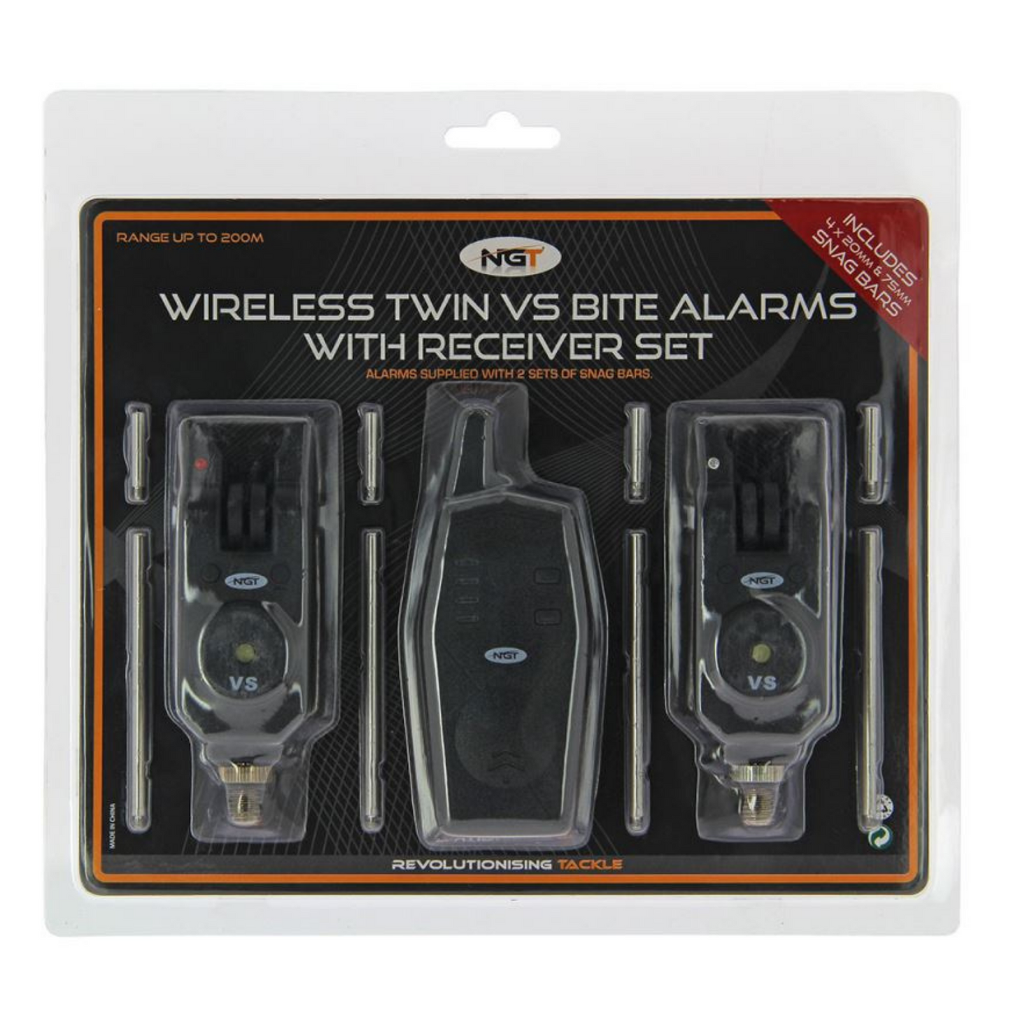 NGT VS 2pc Wireless Alarms - Adjustable Volume and Tone with Reciever
A 2pc alarm and transmitter wireless bite alarm set with upto 200m range displayed on a double
