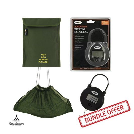 NGT Fishing Digital Scales, Stink Bag, and Sling Bundle with pouch, ideal for carp specimen fishing.