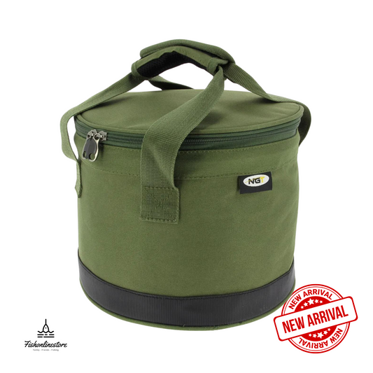 NGT insulated green bait bin with zip top and twin handles, collapsible and waterproof for carp bait storage