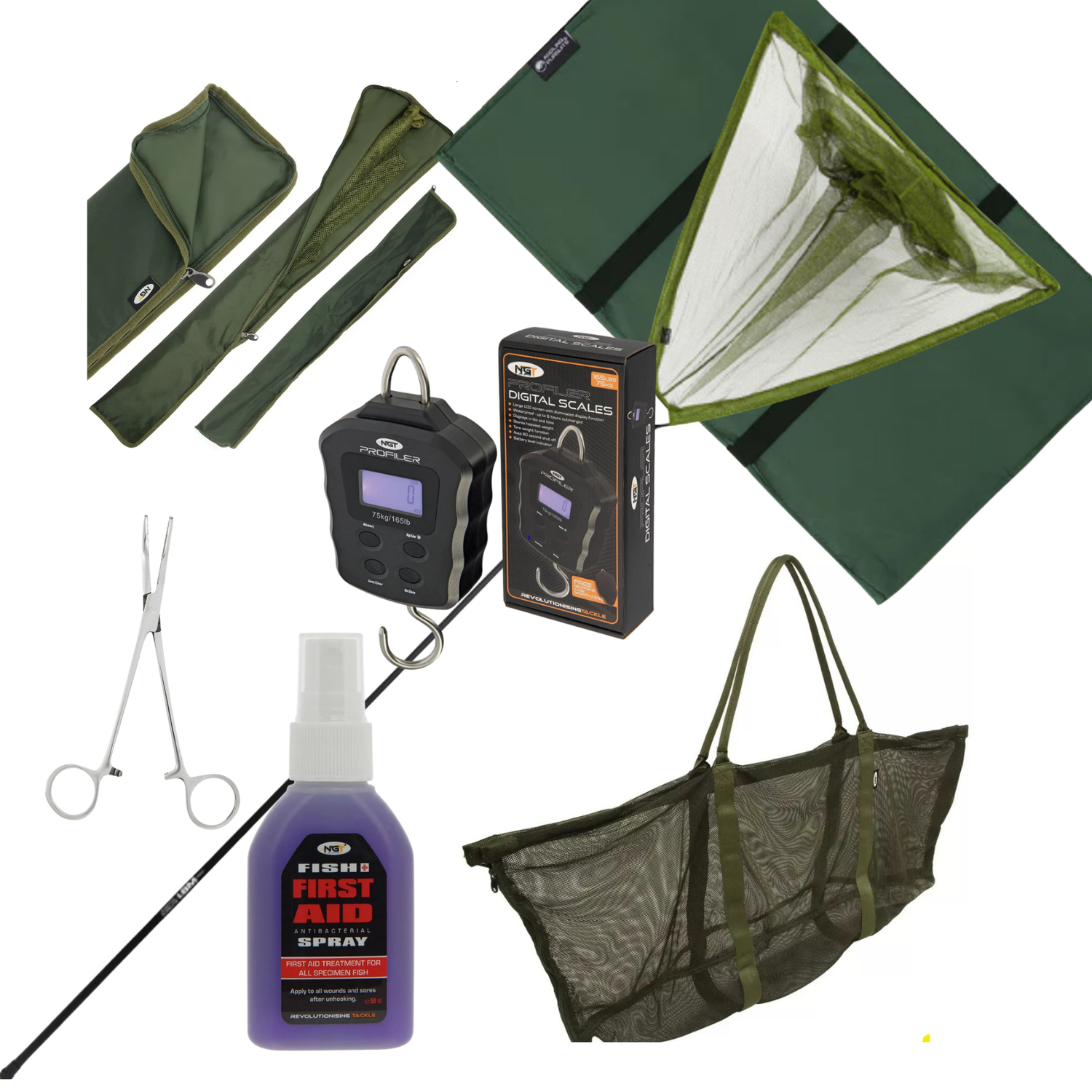 7 Piece Carp Welfare Pack Including 42 inch net with handle, NGT Profiler Digital Scales. PVA Net Stink Bag, carp weigh sling, unhooking mat, forceps & fish aid spray.