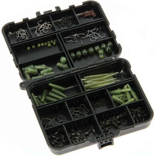 Carp terminal tackle set with hooks, swivels, beads, clips, and accessories in a black storage box