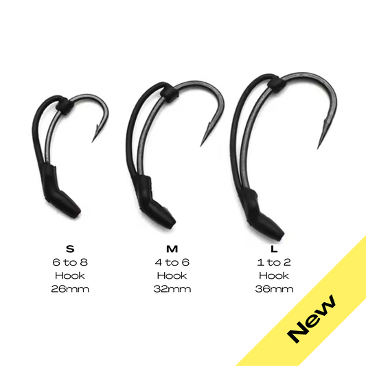 D Rig Aligners for carp fishing, available in sizes small (26mm), medium (32mm), and large (36mm), featuring easy assembly and natural hook bait movement.