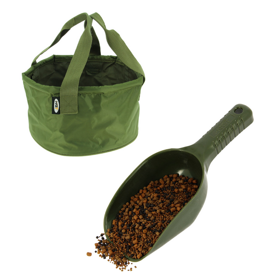 NGT Bait Spoon & Collapsible Bait Bucket. Ideal for spod mix and general carp bait feed preperation