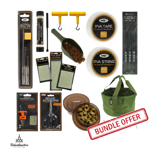 Complete 17-piece Bait Tool Bundle with PVA tape, string, bags, collapsible bait bowl, pellet bander, bait grinder, braid scissors, hooklengths, and knot pullers for carp fishing.
