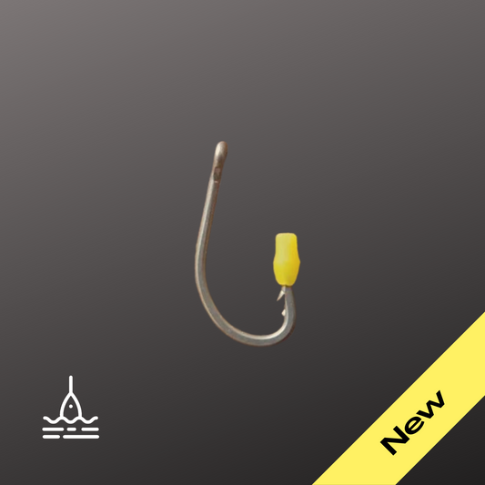 Hook Point Protectors in vibrant yellow on fishing hook.