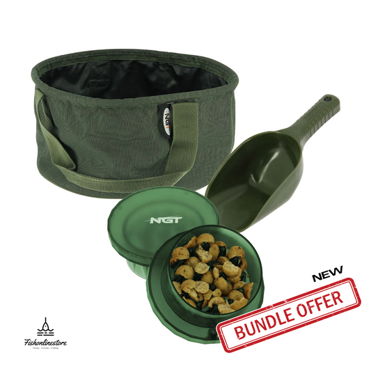 Bait Grinder Bundle with collapsible bucket, boilie pellet crusher, and bait spoon.