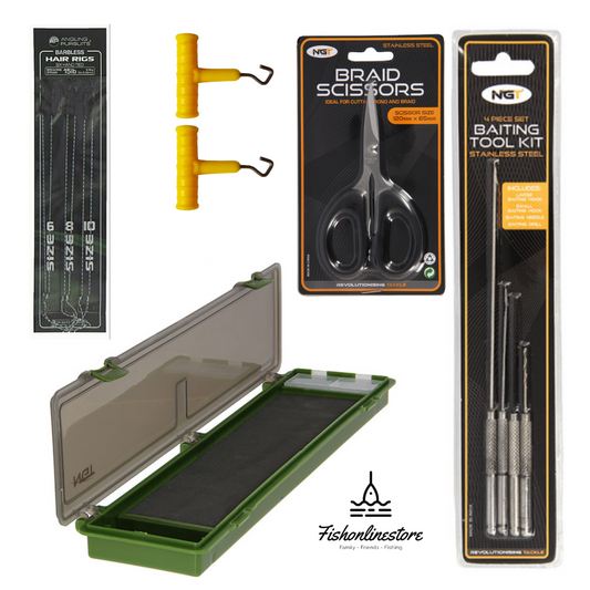 Carp Hooklength NGT 900 Rig Box Inc Scissors Baiting Tool Set 6 Carp Hooklengths.
The bundle includes a NGT 900 Plastic Double Clip Stiff Rig Wallet with Rig Pins a