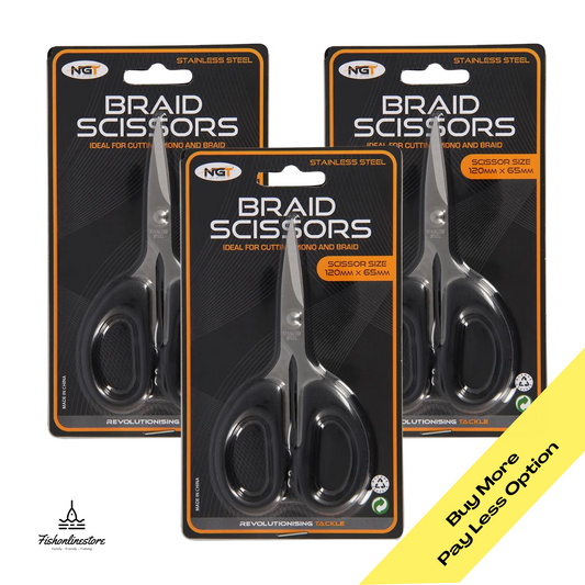 NGT Black Ultra Sharp stainless steel braid scissors in black handle, ideal for cutting mono and braid lines.