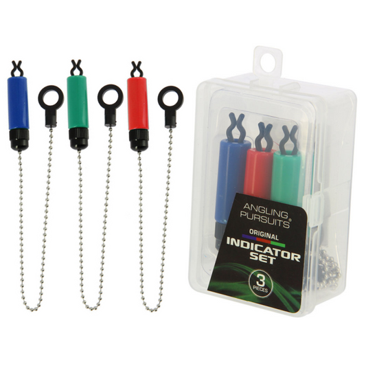 Angling Pursuits Original Indicator Set with three colored chain indicators in red, green, and blue, packaged in a clear plastic case for carp fishing.