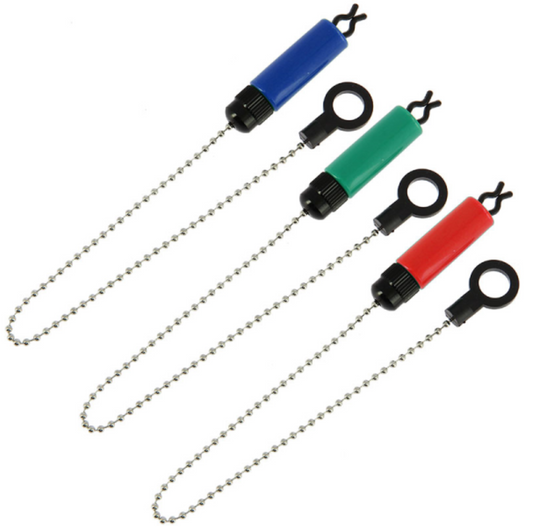 A set of three starter chain indicators in red, green and blue.
Supplied in a plastic box.
Brand: Angling Pursuits.