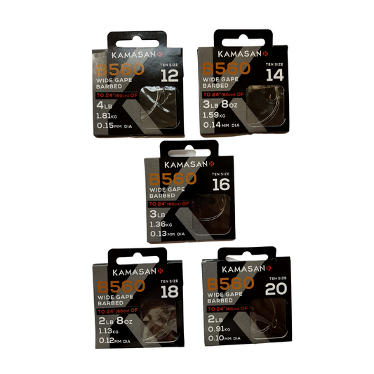 Kamasan B560 wide gape barbed fishing hooks with 24-inch nylon tails in various sizes, packaged with fine gauge carbon wire and chemically sharpened points.