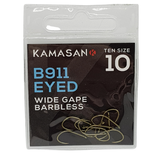 Kamasan B911 Eyed Hooks – Wide Gape – Barbless - Size 10