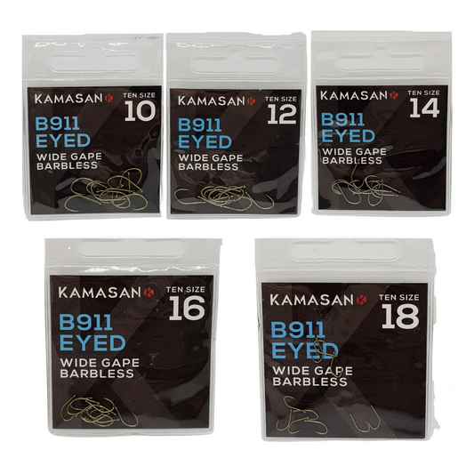 Kamasan B911 Eyed Hooks pack with wide gape barbless hooks in various sizes for fishing.