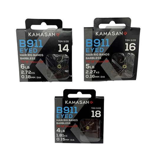 Kamasan B911 Hooks with nylon bait bands in sizes 14, 16, and 18, medium gauge high carbon wire, barbless, 12-inch hooklengths, ideal for method feeder and waggler fishing.
