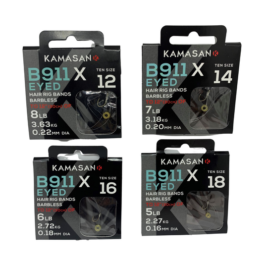 Kamasan B911X Eyed Hooks barbless fishing hooks with hair rig bands in multiple sizes for carp fishing.