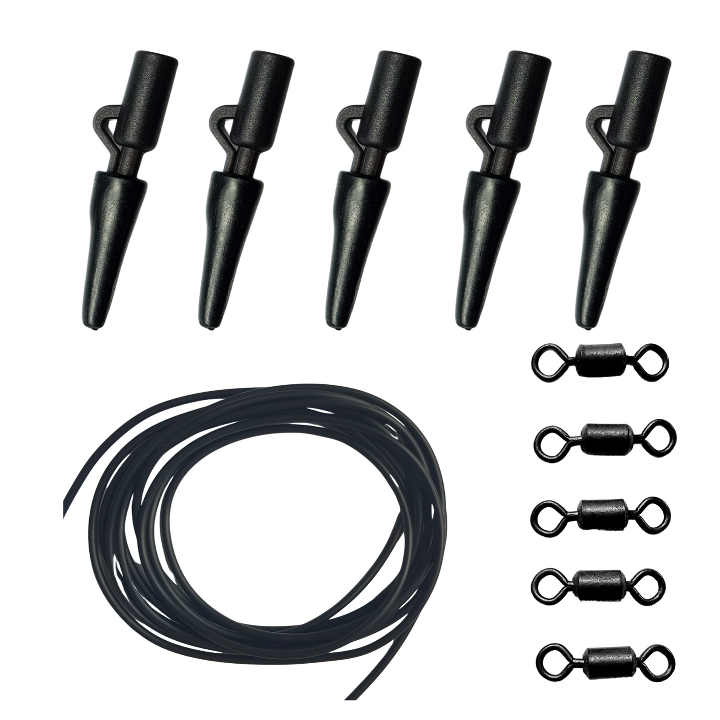 41 Piece Fishing Black Lead Clip Action Pack Inc Clips, Swivels, Tail Rubbers  6mm Beads & Tubing 