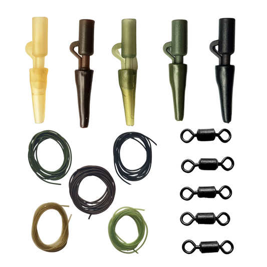 41 piece Carp Terminal Tackle kit with lead clips, swivels, tubing, and beads in multiple colors for safe carp rigs