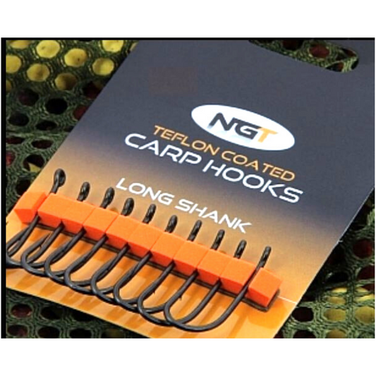 NGT size 8 teflon coated long shank micro barbed carp hooks pack of 10, razor sharp and anti-glare fishing hooks
