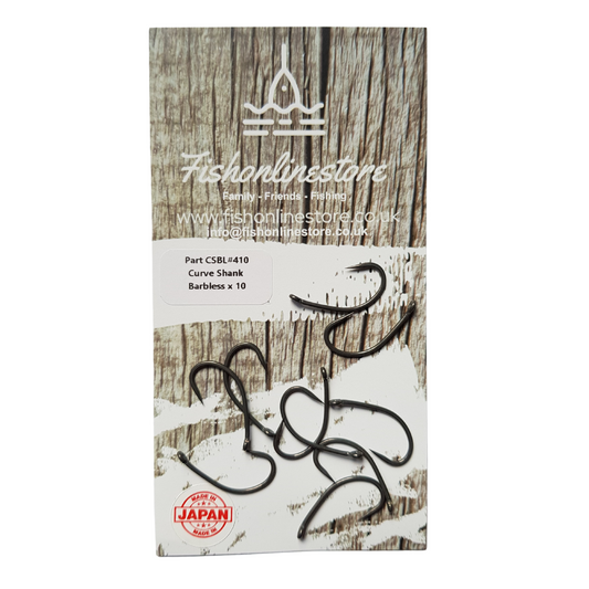 Curve shank hooks made in Japan from hardened Teflon-coated steel with barbless design and 10 clear hook stops included.
