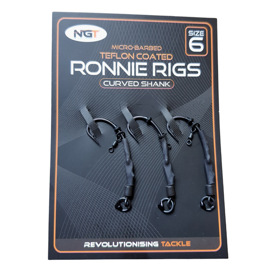 NGT Ronnie Rig pack of 3 curved shank, micro-barbed, teflon coated fishing hooks size 6 with black swivels