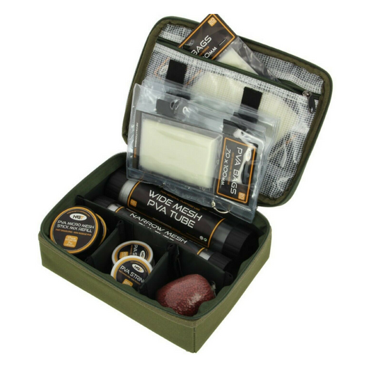 NGT PVA Storage Bag rig system with compartments for tubes, tapes, and PVA accessories in olive green compact case