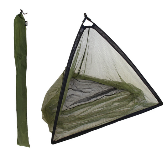 A 42 inch black and green two-tone specimen carp & pike landing net with metal spreader block and nylon case  stink bag included.