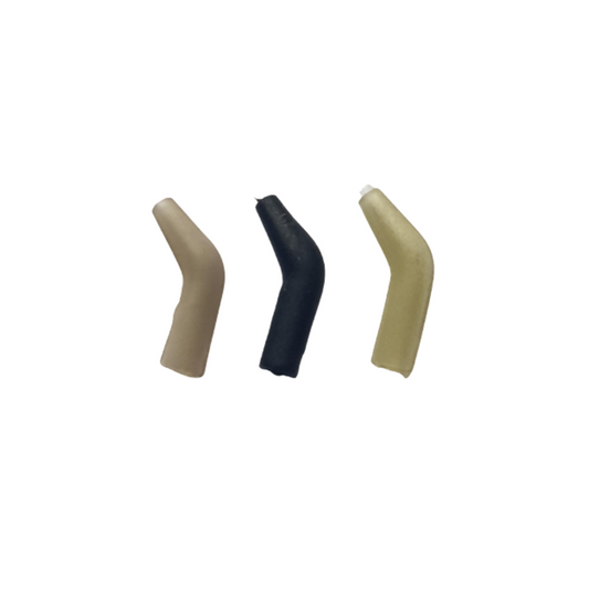 Fishonlinestore Carp Kickers rig aligners in black, translucent brown, and translucent green for carp fishing rigs