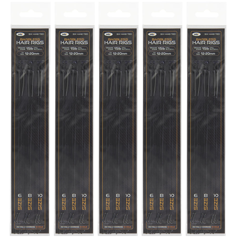 NGT Sixpack Hair Rigs - Mixed Sizes 6, 8, 10 Barbless 