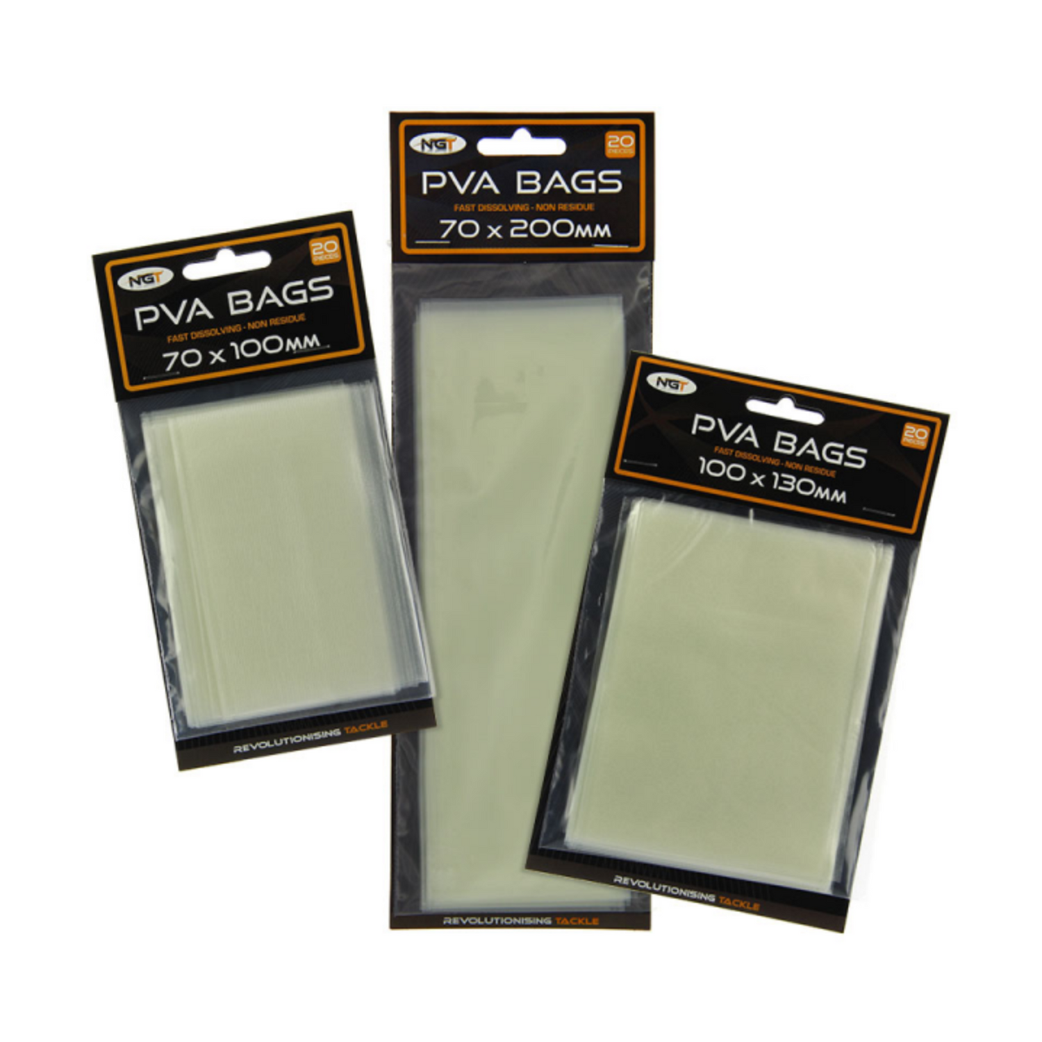 NGT PVA bags pack of 20 in 100x130mm size, fast dissolving, non-residue fishing tackle bags