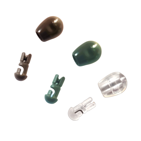 Quick Change Beads fishing terminal tackle in black, dark green, and clear colors for quick hook and bait changes.