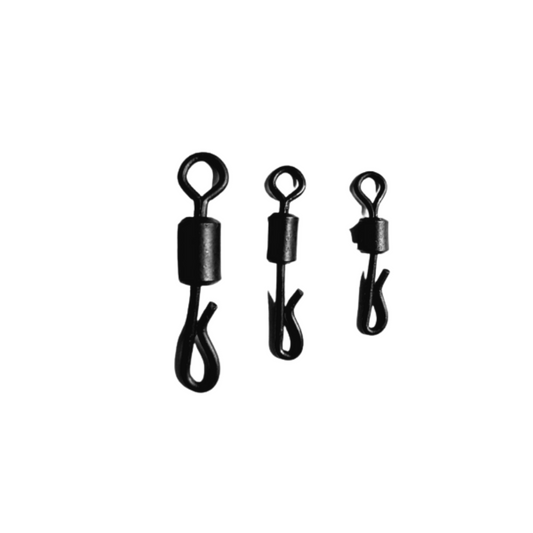 Fishonlinestore strong and reliable carp quick change swivels in three sizes, matt black non-reflective finish for fast rig adjustments.