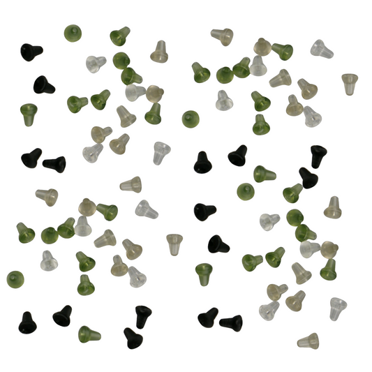 Assorted Carp Hook Stops in clear, black, trans green, and trans brown colors for securing micro swivels and rig rings on fishing hooks.