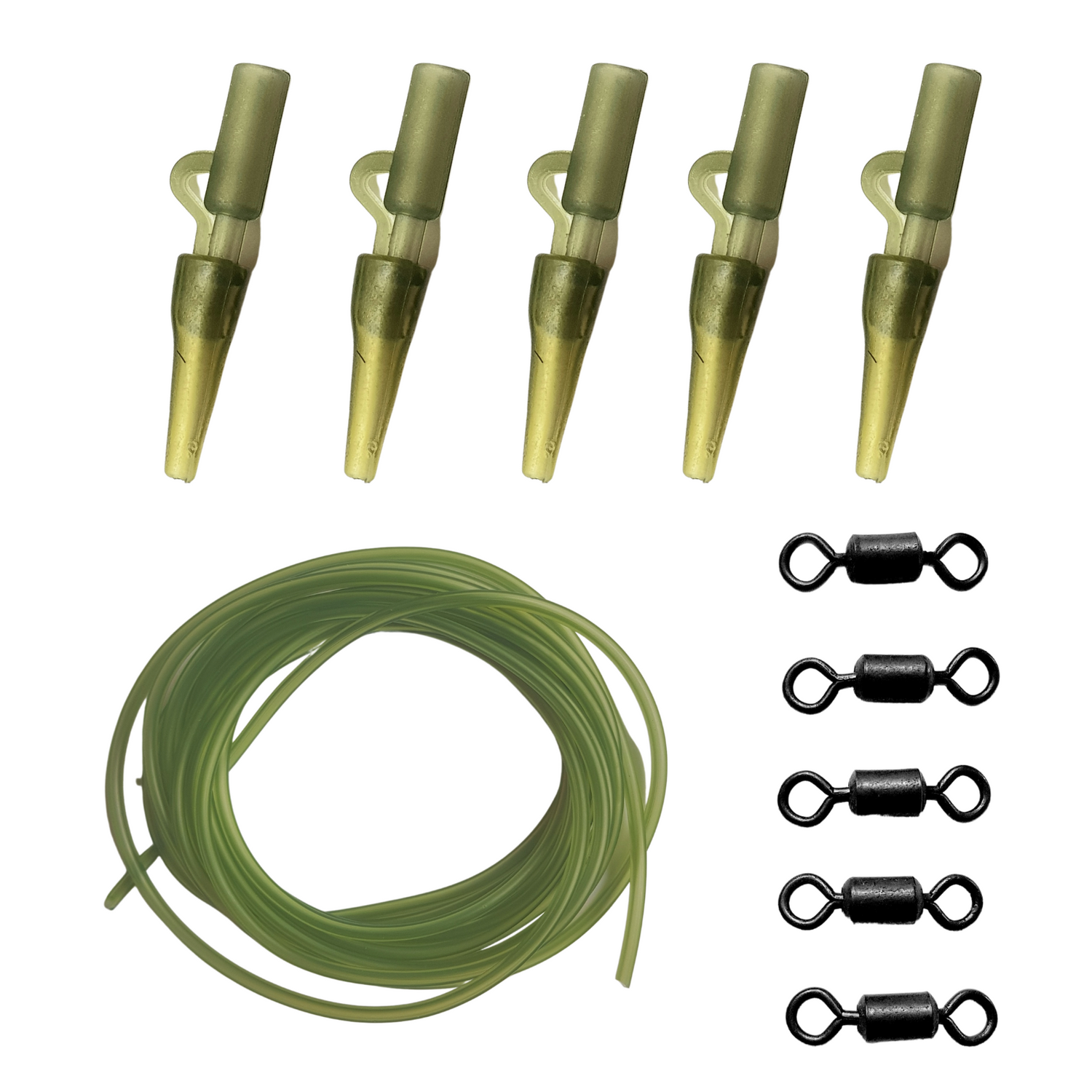 41 Piece Fishing Translucent Green Lead Clip Action Pack Inc Clips, Swivels, Tail Rubbers 6mm Beads & Tubing