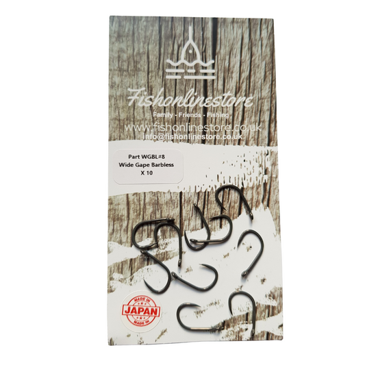 Package of Fishonlinestore Wide Gape Barbless Carp Hooks made in Japan, size 8, with 10 hooks displayed on wood-textured backing.